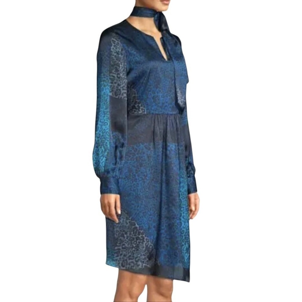 ELIE TAHARI ALARA SILK DRESS Black & Blue Leopard Patchwork ASYMMETRIC HEM sz 8